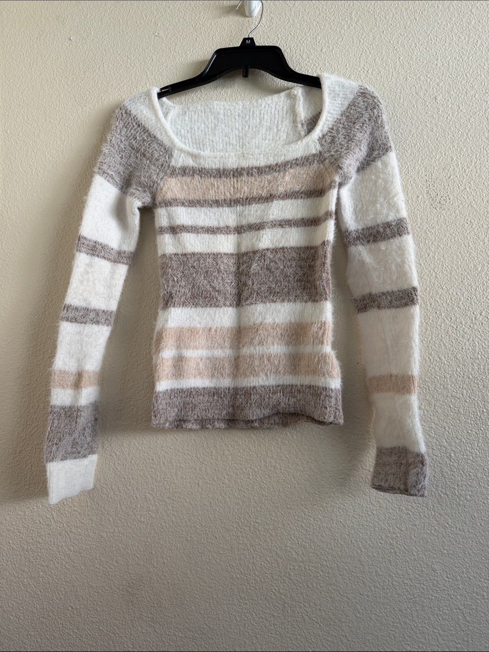SHEIN White, Taupe and Blush Striped Fuzzy Long Sleeve Top